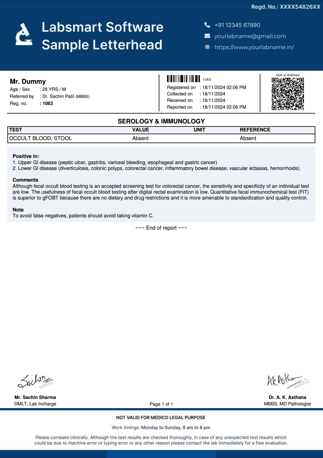 Occult Blood, Stool Report Format