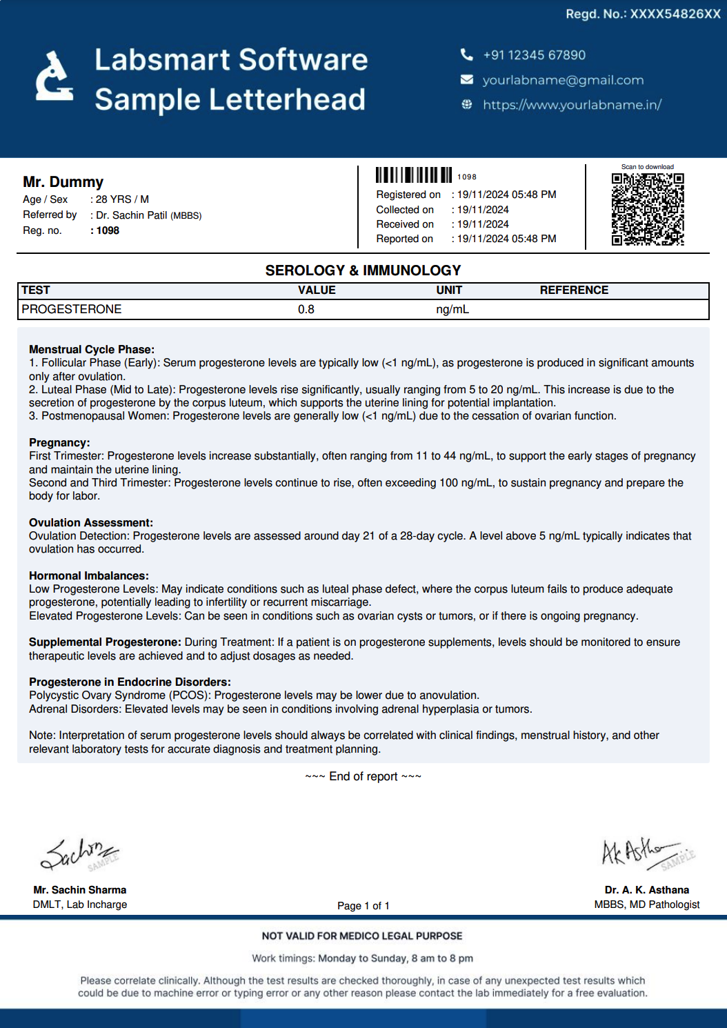 Progesterone Report Format