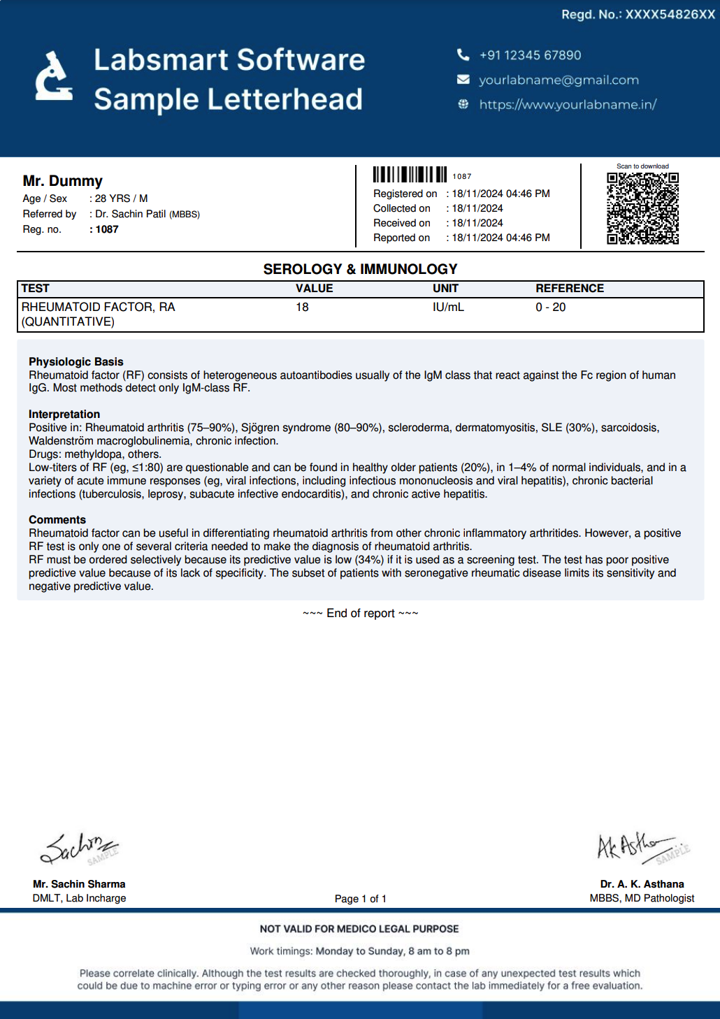 Rheumatoid Factor, RA (Quantitative) Report Format