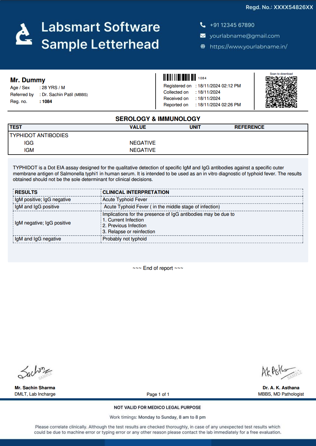 Typhidot Antibodies Report Format