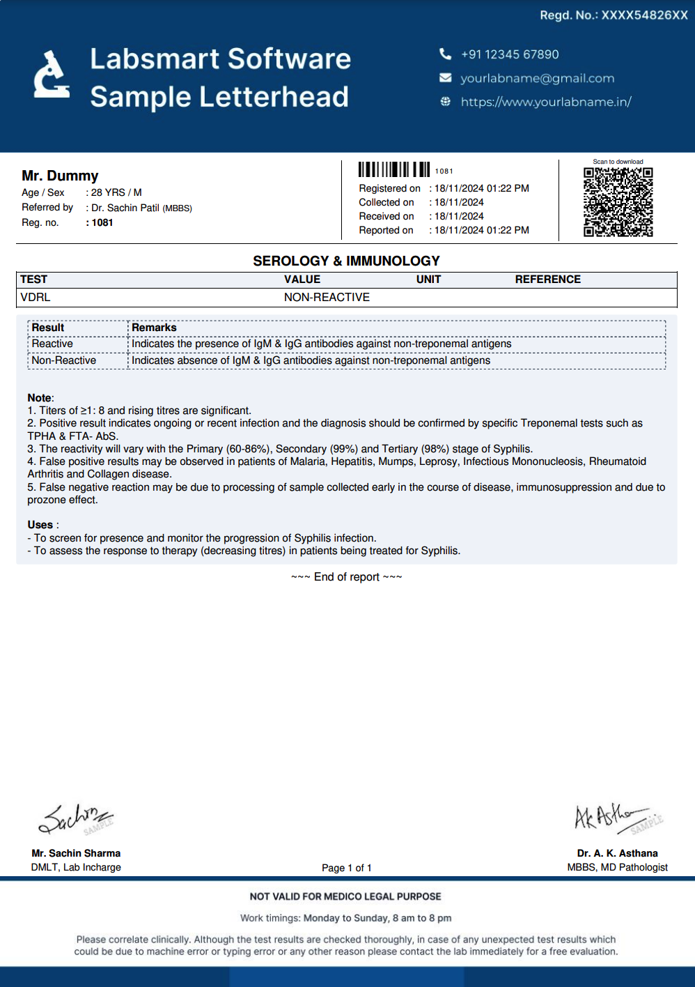 VDRL Report Format