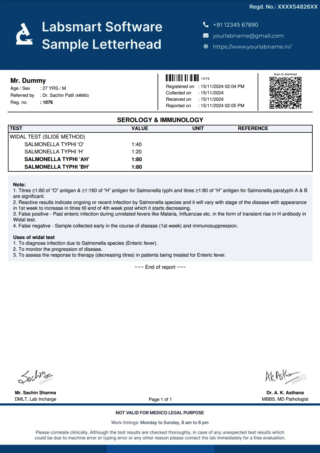 Widal (Slide Method) Report Format