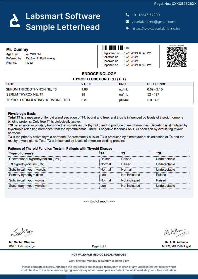 Thyroid Function Test (TFT) Report Format